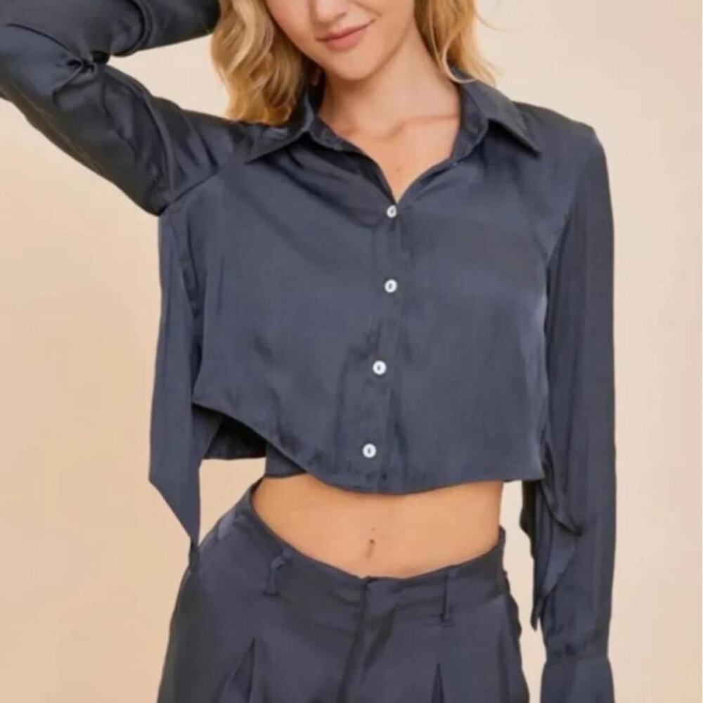 Midnight blue satin long sleeve